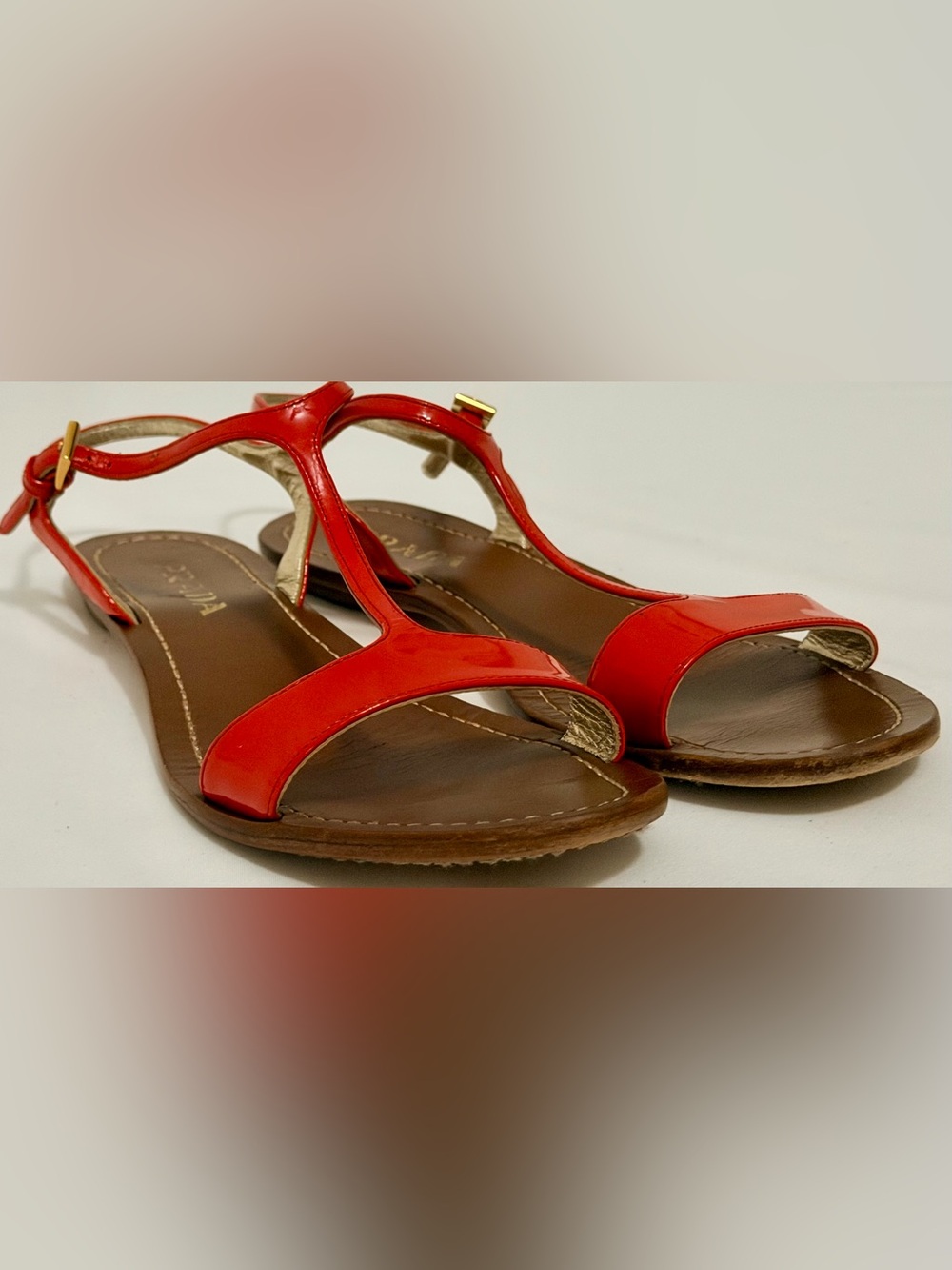 Prada Red Patent Leather T-Strap Flat Sandals Gold Buckle 37 Italy